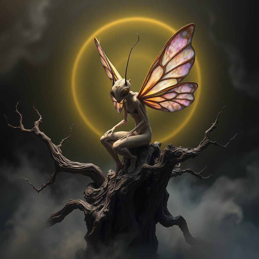 Enigmatic, Iridescent Fairy Seated Amidst Dark Fantasy Realm