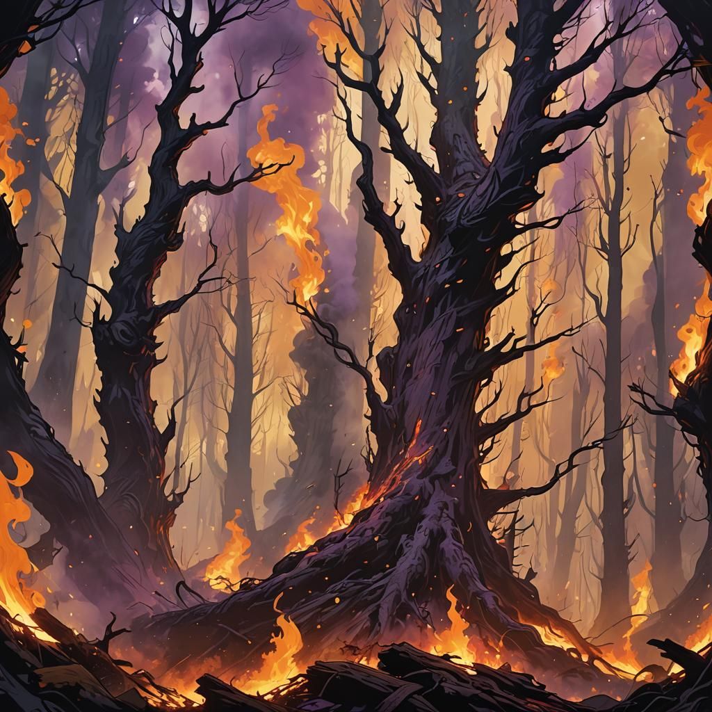 Inferno in Dark Fantasy Forest: Splash Art Style