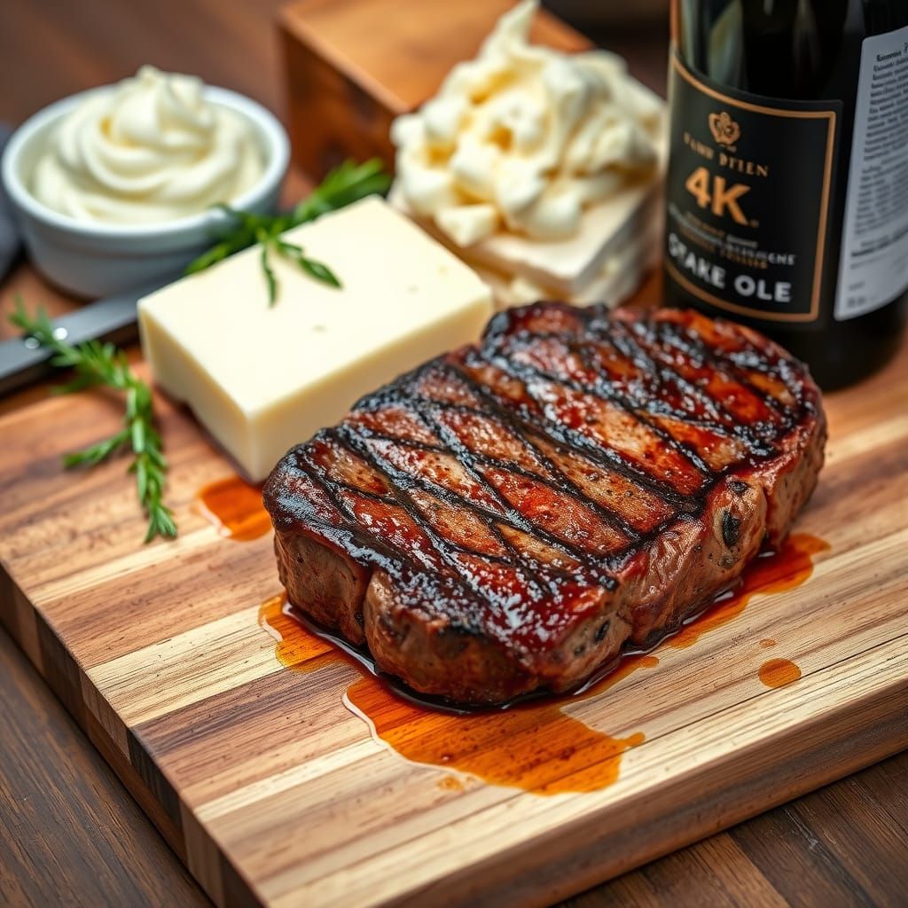Gourmet Steak on Wooden Cutting Board in Photorealistic 4K