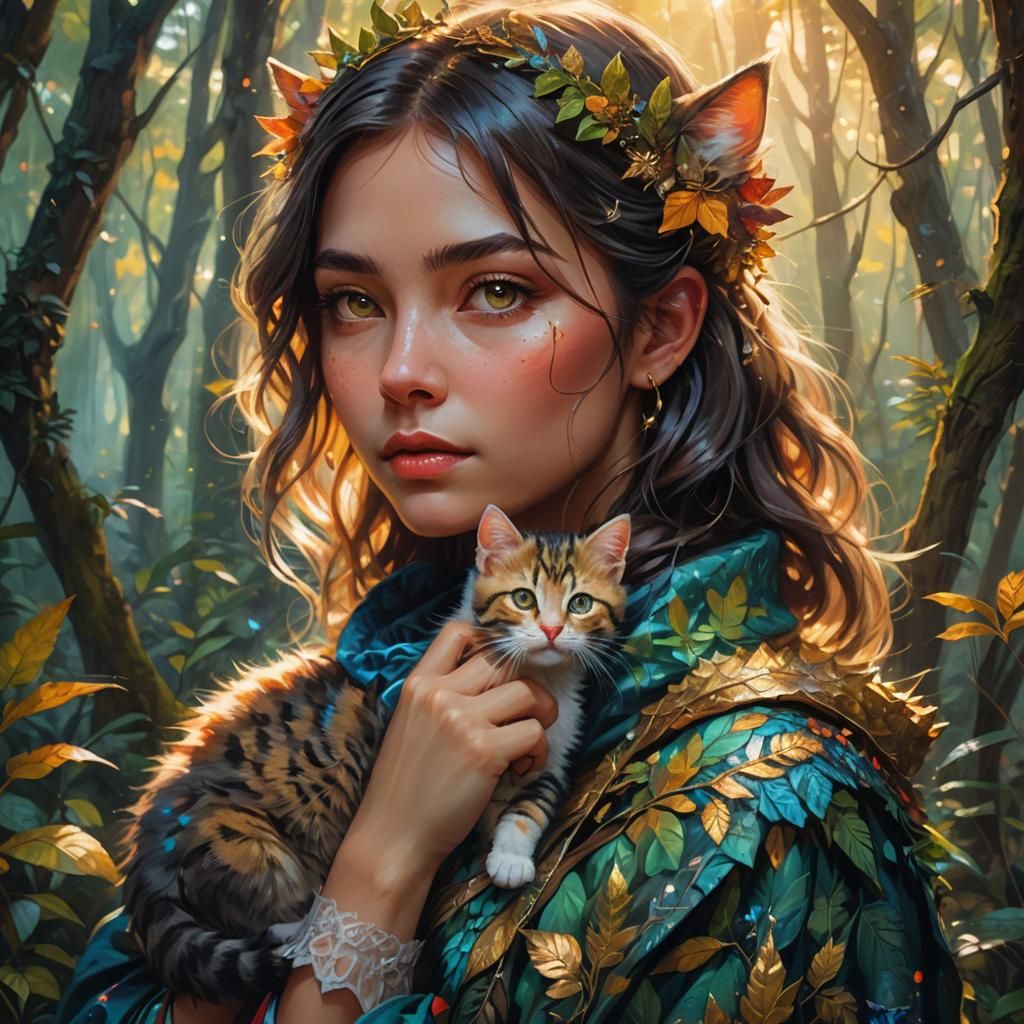Girl with Kitten in Mystical Forest: Fantasy Art