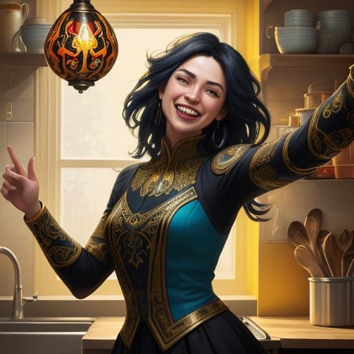 Joyful Woman in Warm Kitchen Scene