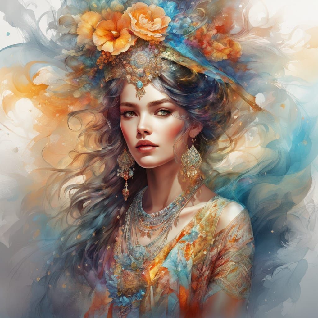 Gorgeous Woman in Detailed Colorful Clothing & Futuristic Je...