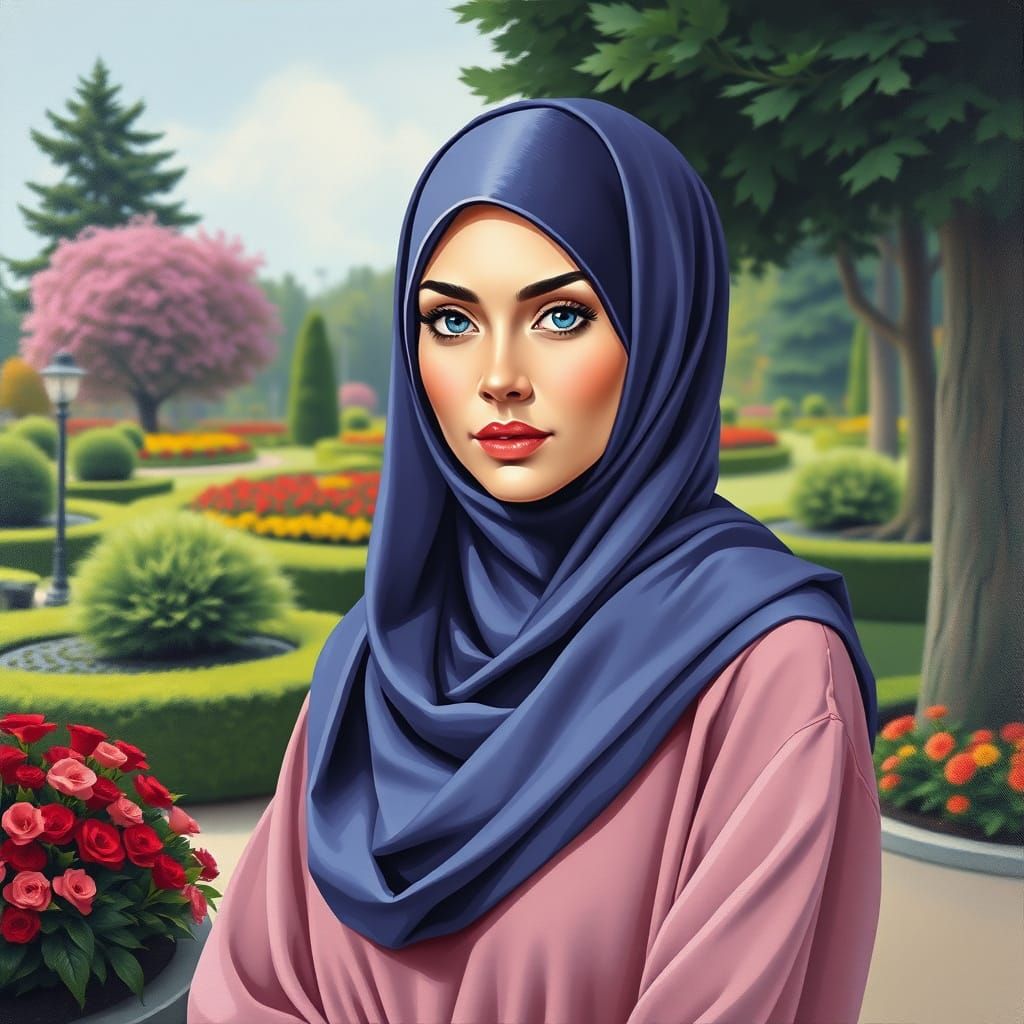 Oil Painting Portrait of a Heavy Hijabi Woman in Garden