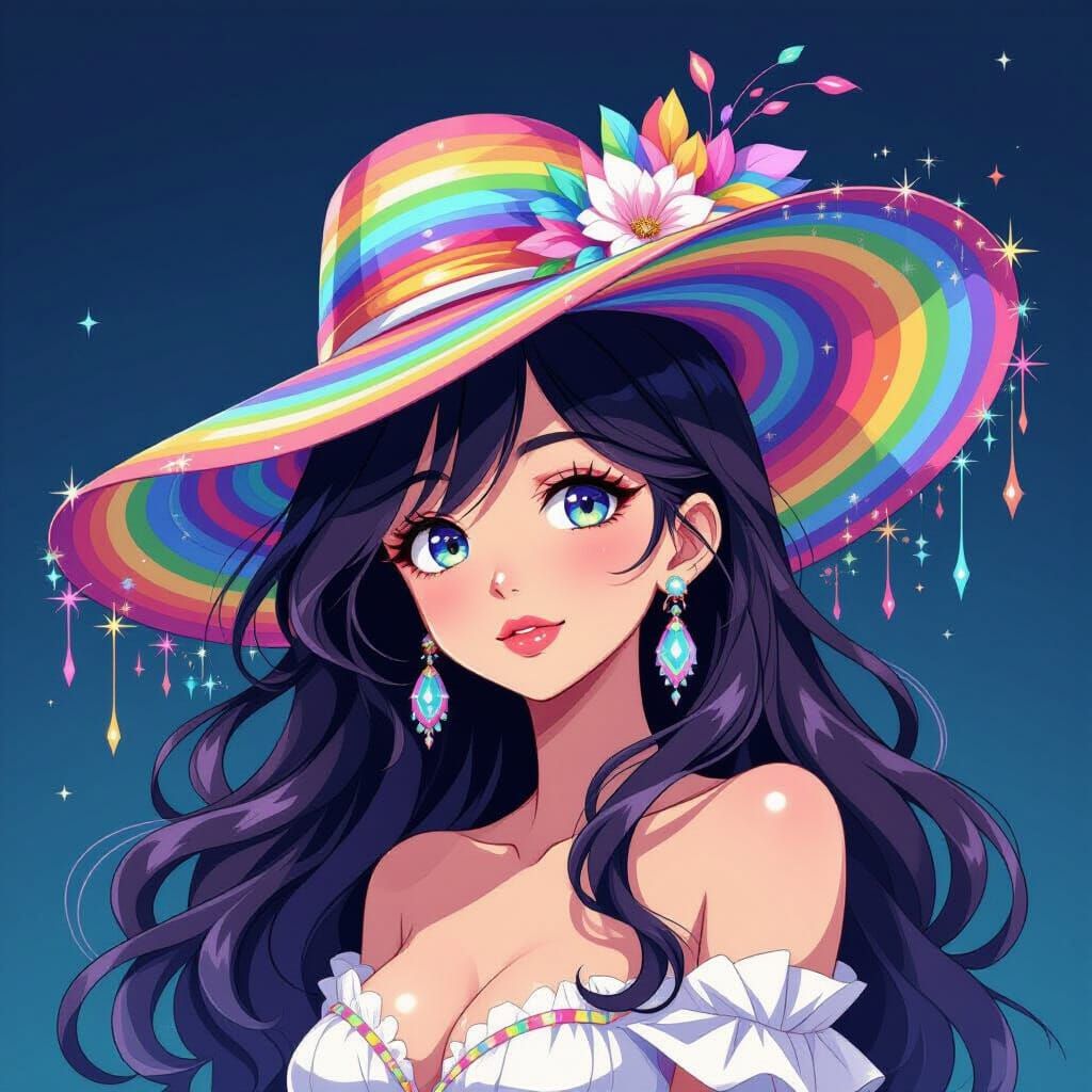 Woman With Rainbow Hat in Anime Style