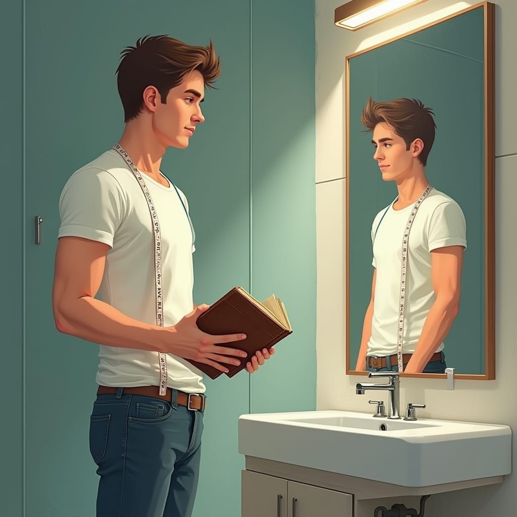 Man Tracks Weight Gain in Modern Bathroom