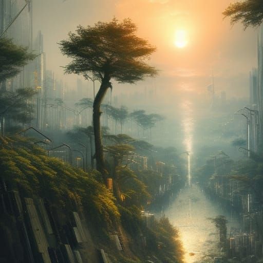 Cyberpunk City Reclaimed by Nature at Sunset