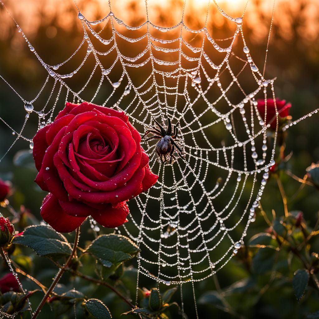 Spiderweb Between Roses at Dawn
