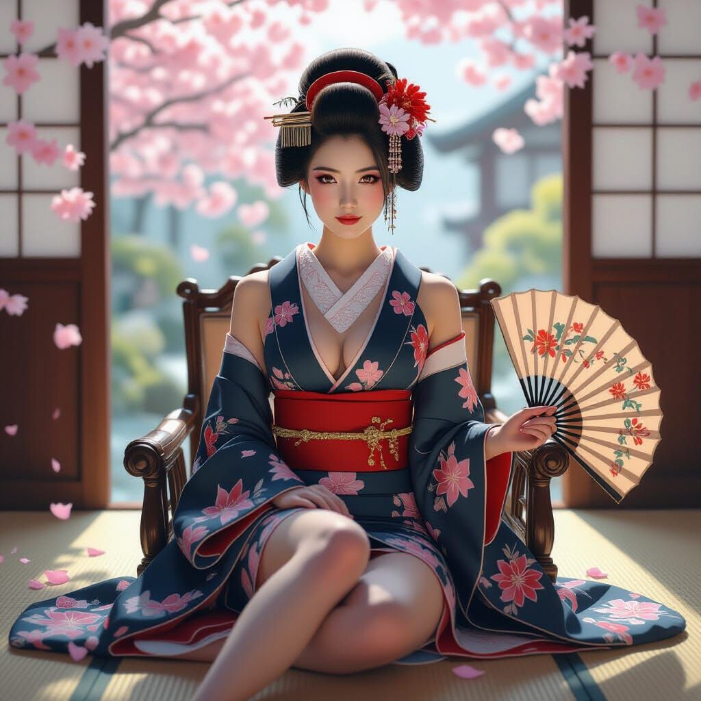 Geisha in Embroidered Top on Ornate Chair