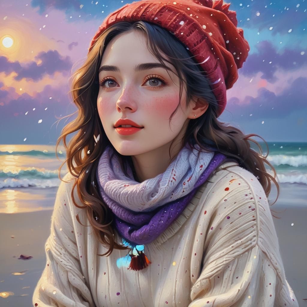 Goddess at Snowy Beach: Neoclassical Oil Painting