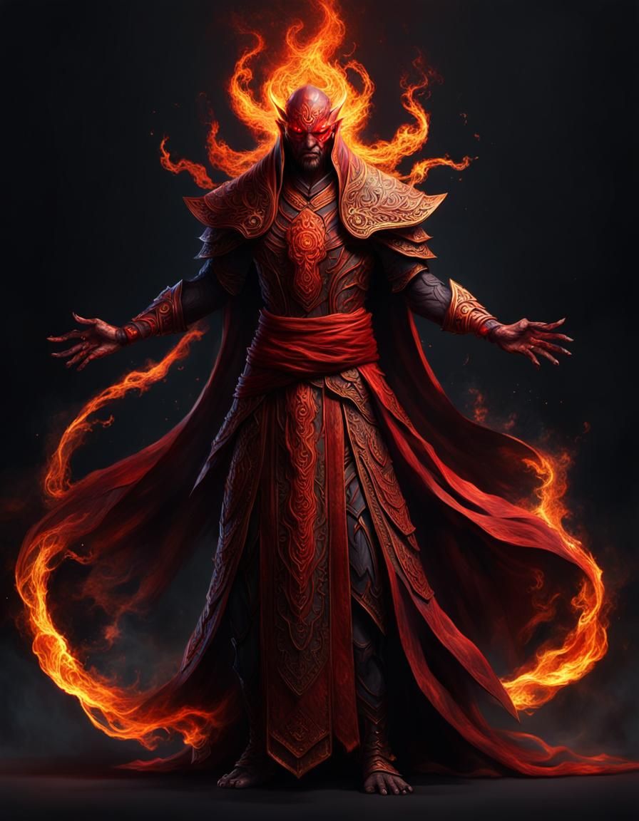 Red Efreeti with Fiery Aura in Dark Fantasy Art