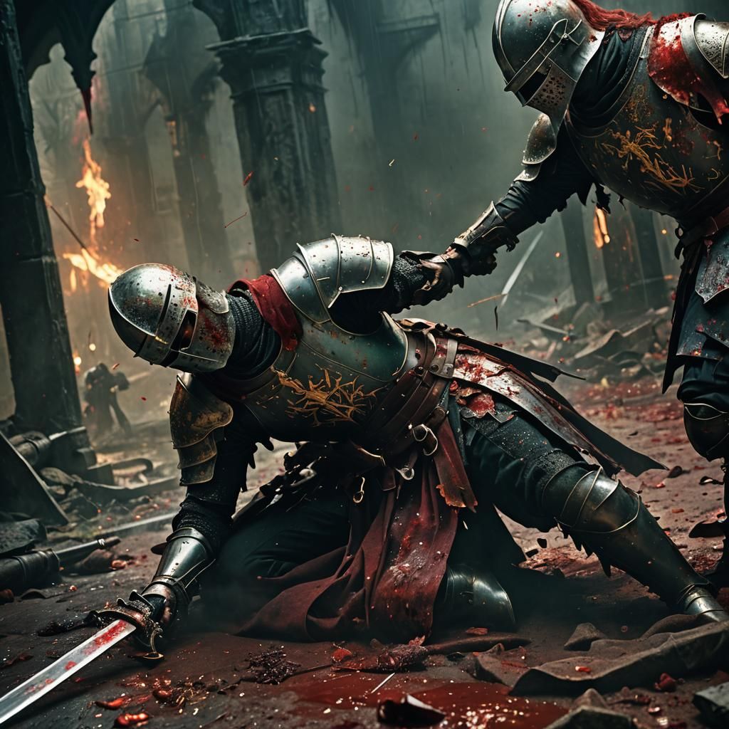 Dark Fantasy Knight Pulls Sword from Enemy