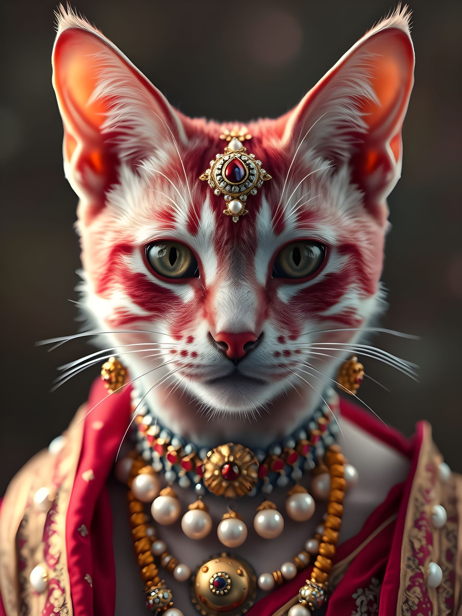 Humanized Cat Portrait in Indian Attire with Intricate Tatto...