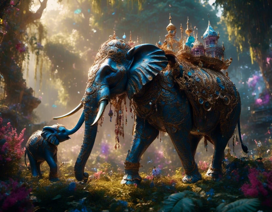 Porcelain Elephant and Baby in Jungle