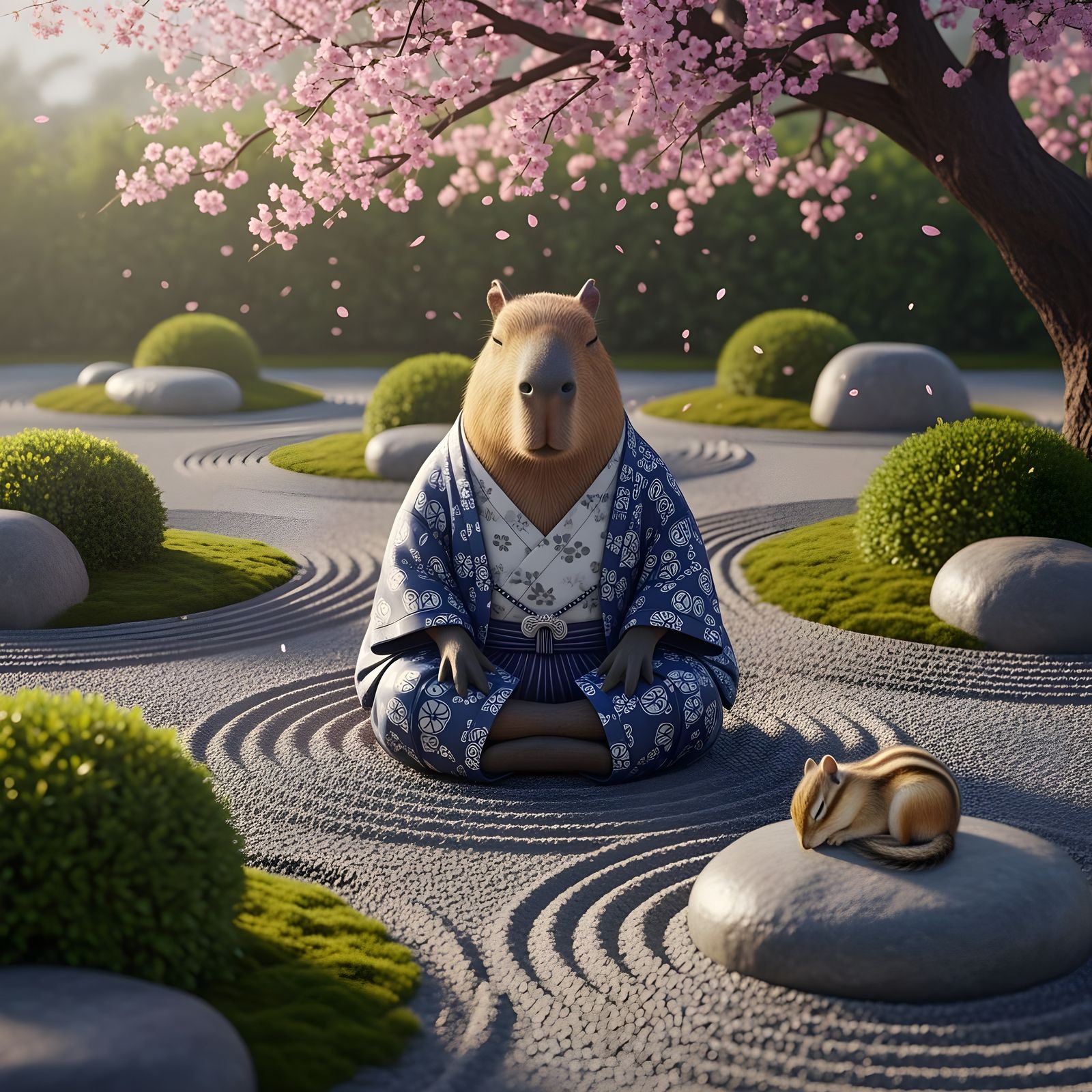 A capybara sits in a zen garden, meditating peacefully beneath a cherry blossom tree. There's a chipmunk sleeping next t...