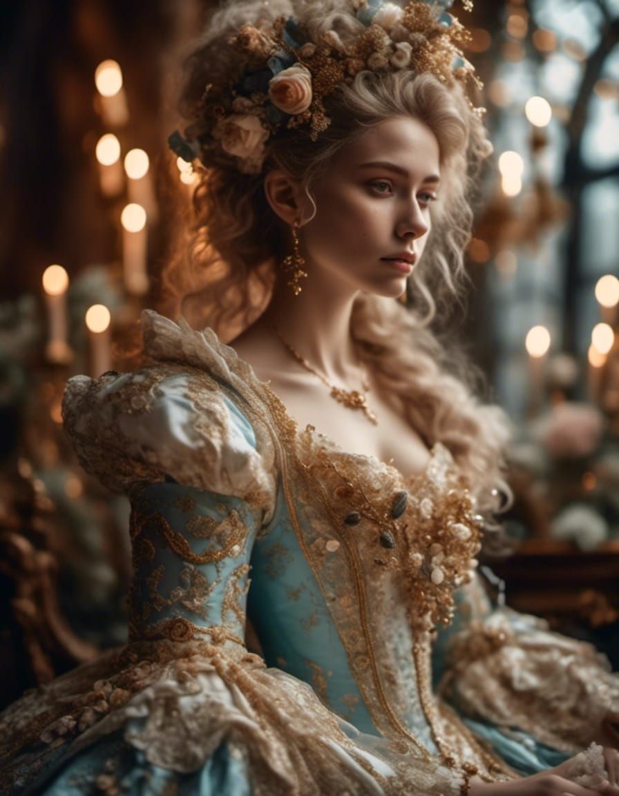 Beautiful Woman in Rococo Dress with Golden Details