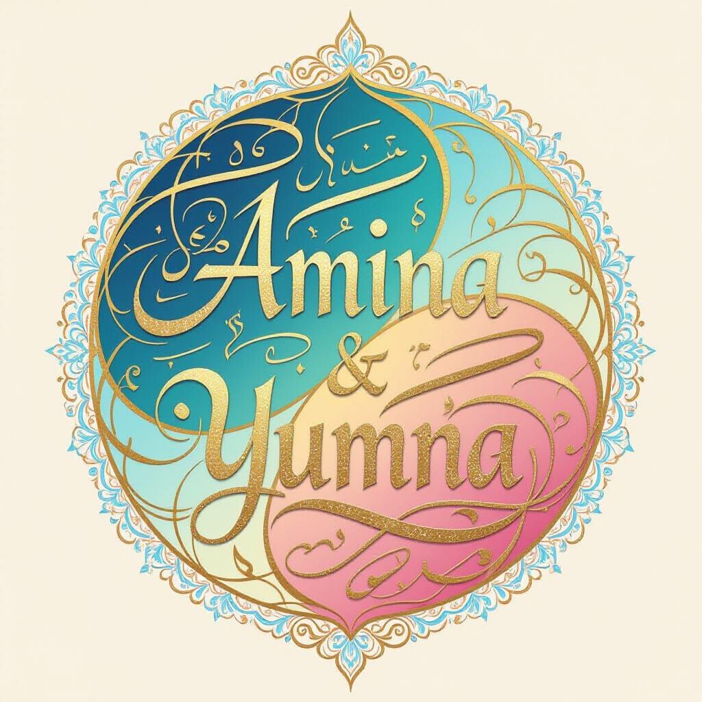Elegant Arabic Calligraphy: Amina & Yumna in Blue, Pink, Gol...