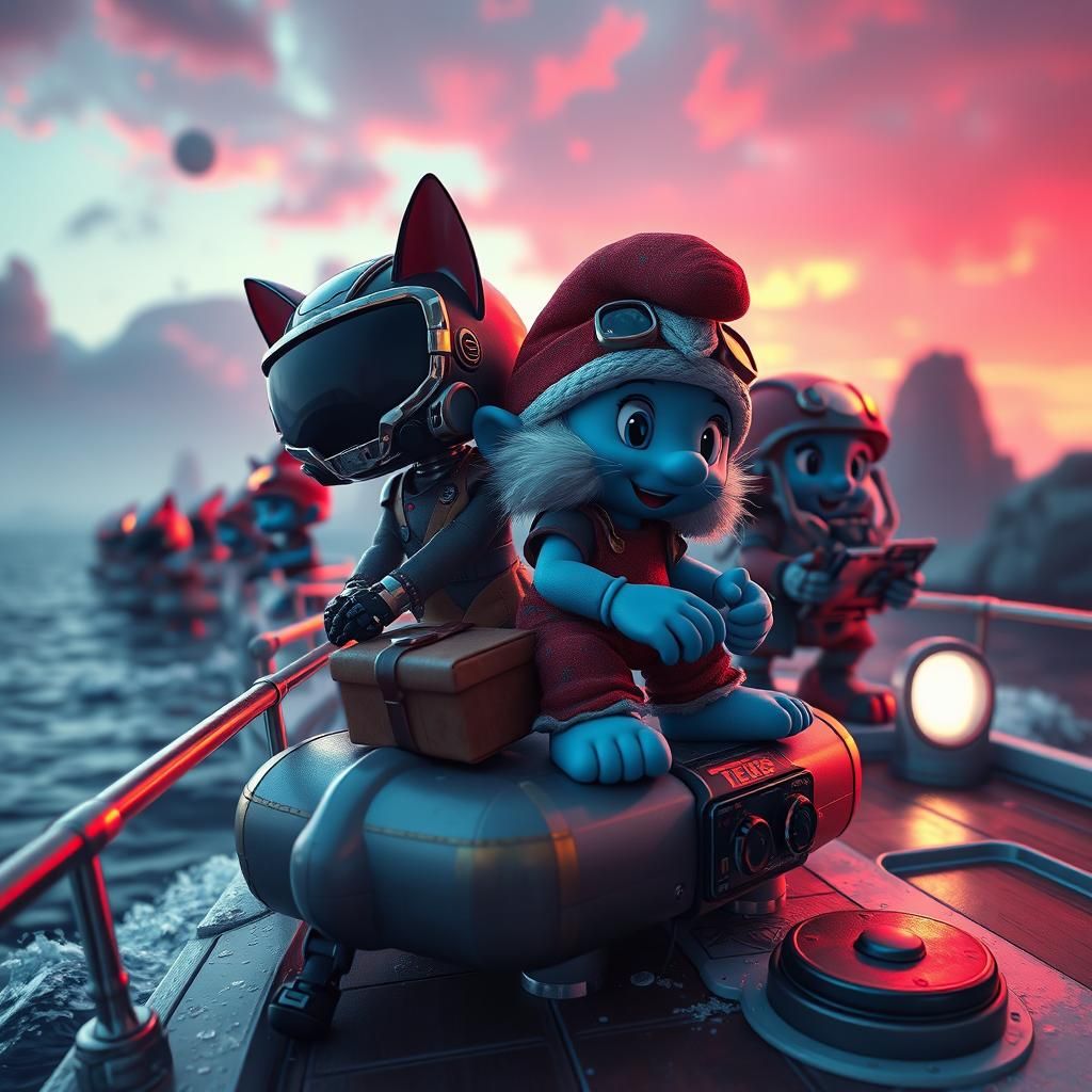 Smurf Cat on Yacht with Invading Robots