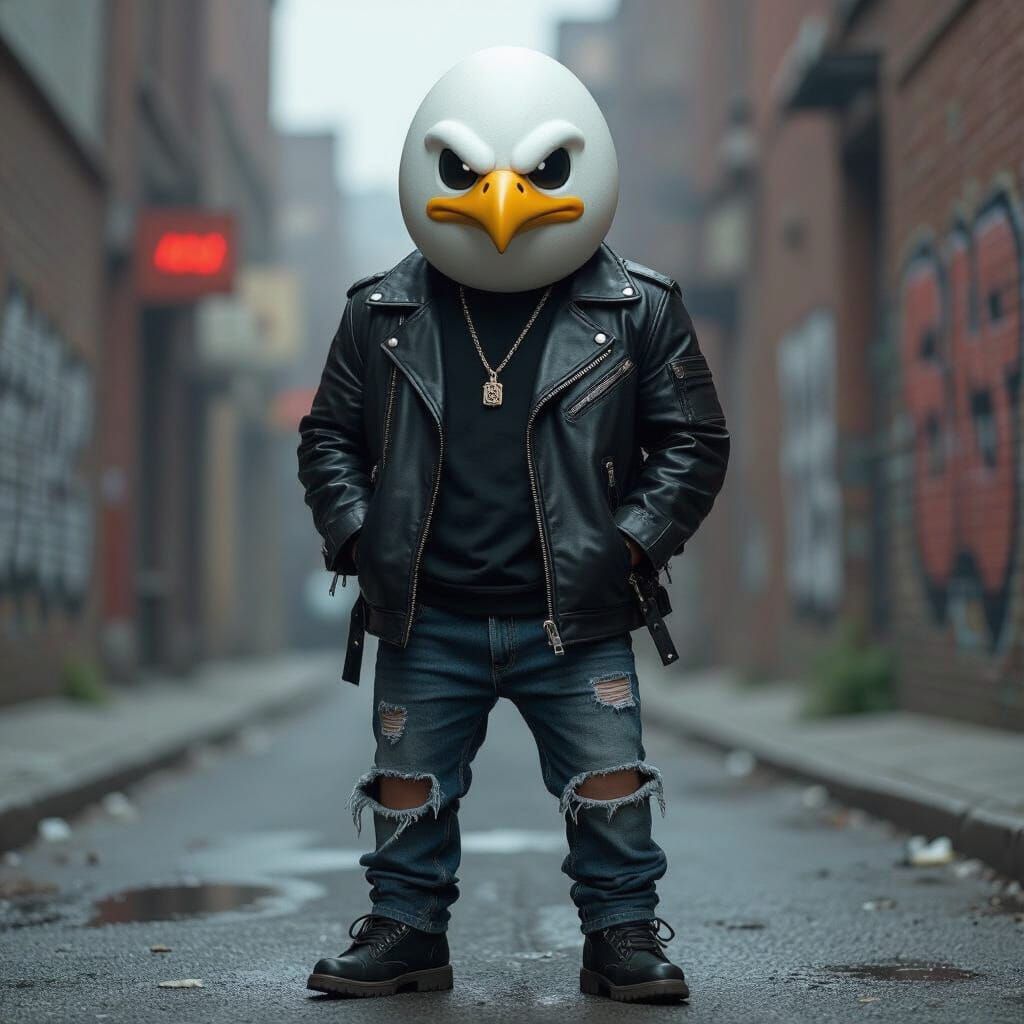 Egghead Vigilante in Gritty Cityscape