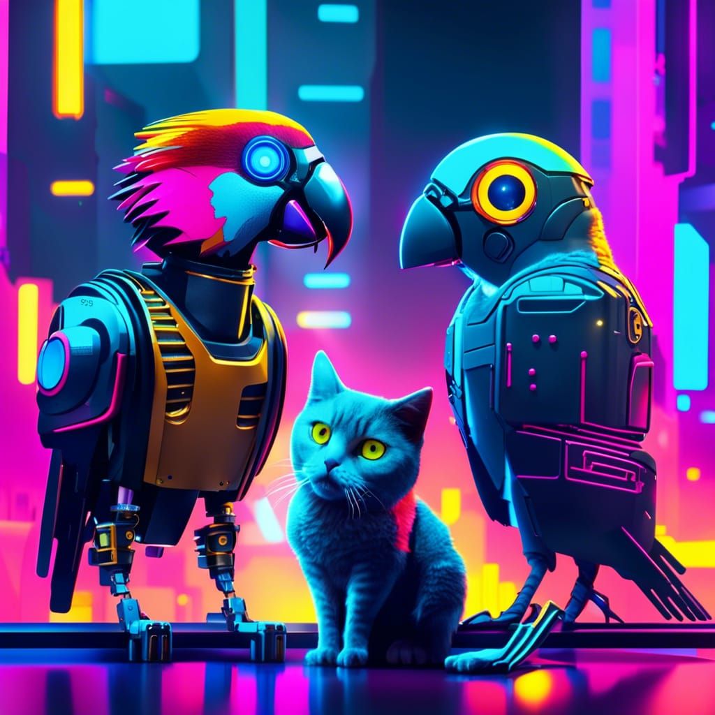 Cyborg Pets Chatting in Neon Cyberpunk City