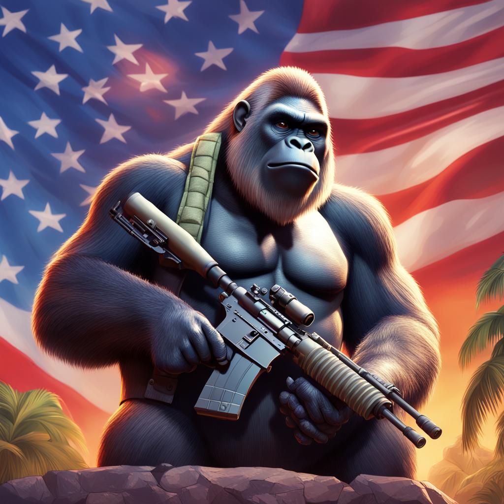 Harambe with RPG, Camo, and American Flag: 3D Digital Art