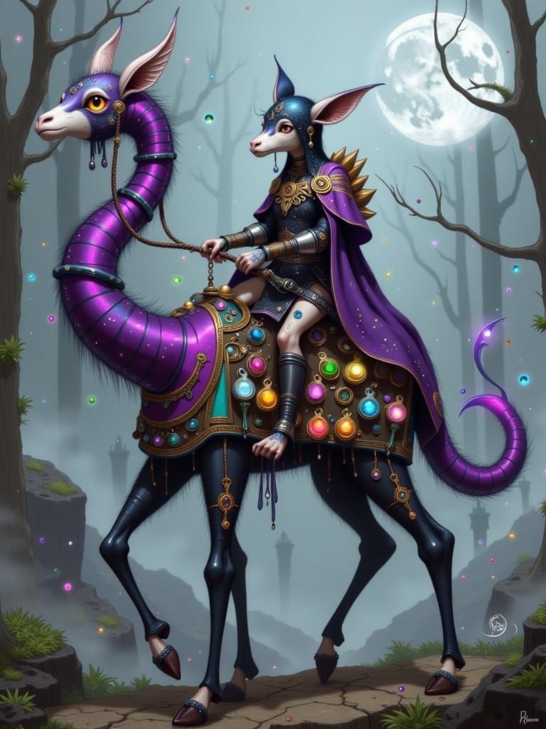 Fox Merchant on Two-Headed Giraffe in Fantasy Style