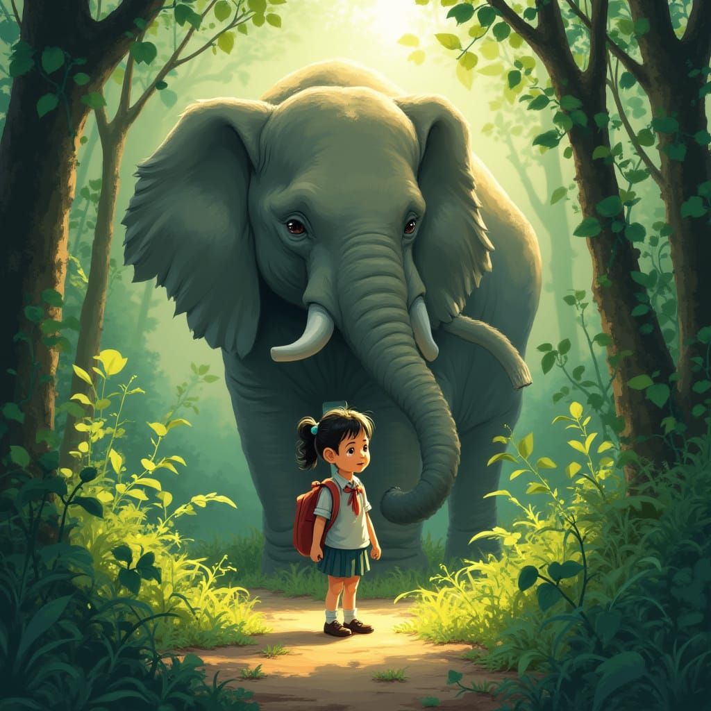 Girl Protected by Elephant in Lush Jungle, Whimsical Art