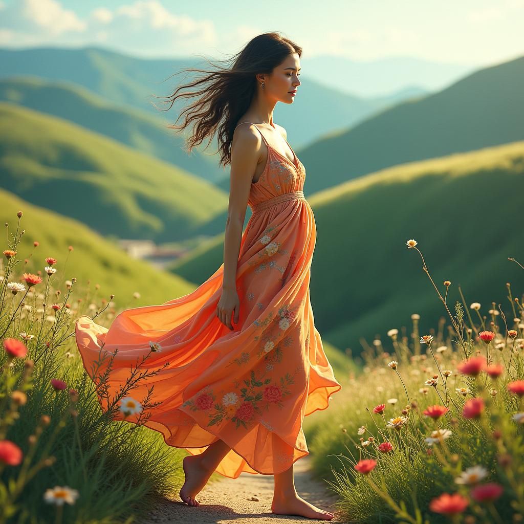 Woman in Colorful Gown Walks Serene Landscape