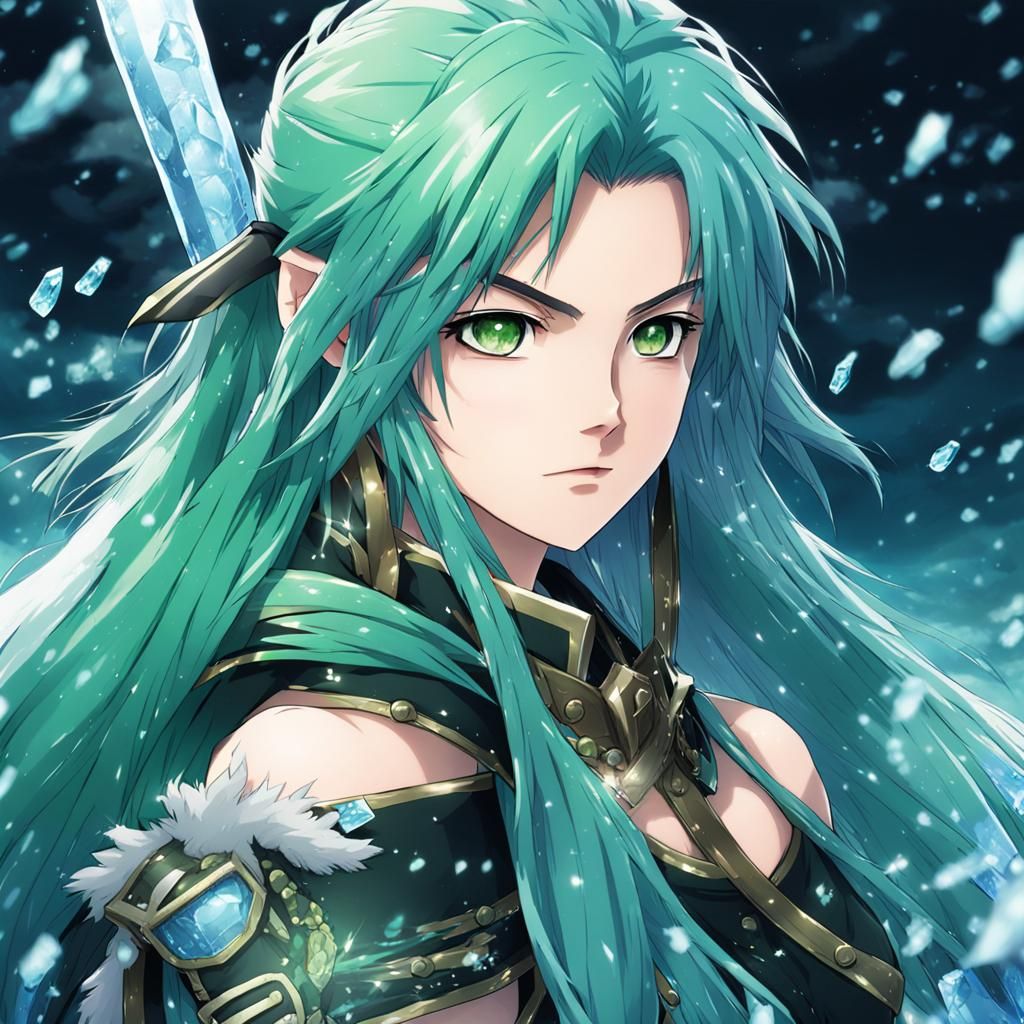 Anime Barbarian Warrior with Green Hair in Ice Setting