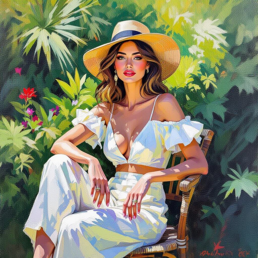 Expressive Woman in Lush Garden as Impasto Painting