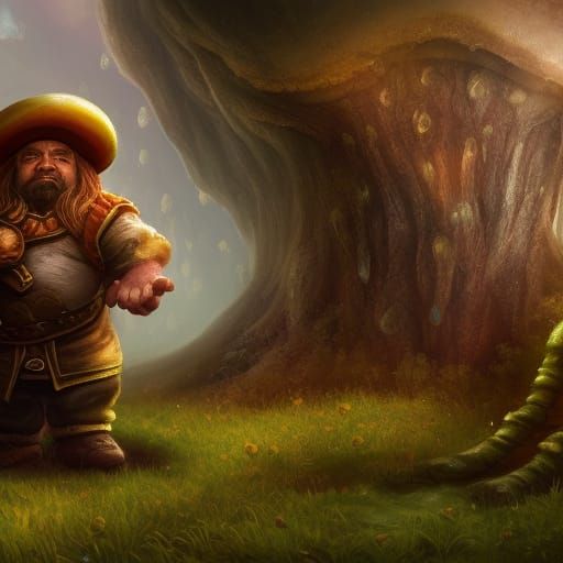 Dwarf and Mushroom in Fantasy Landscape
