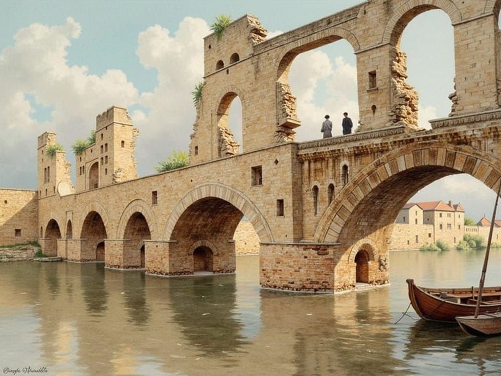 Surreal Landscape Painting of Ancient Stone Bridge in Waterc...