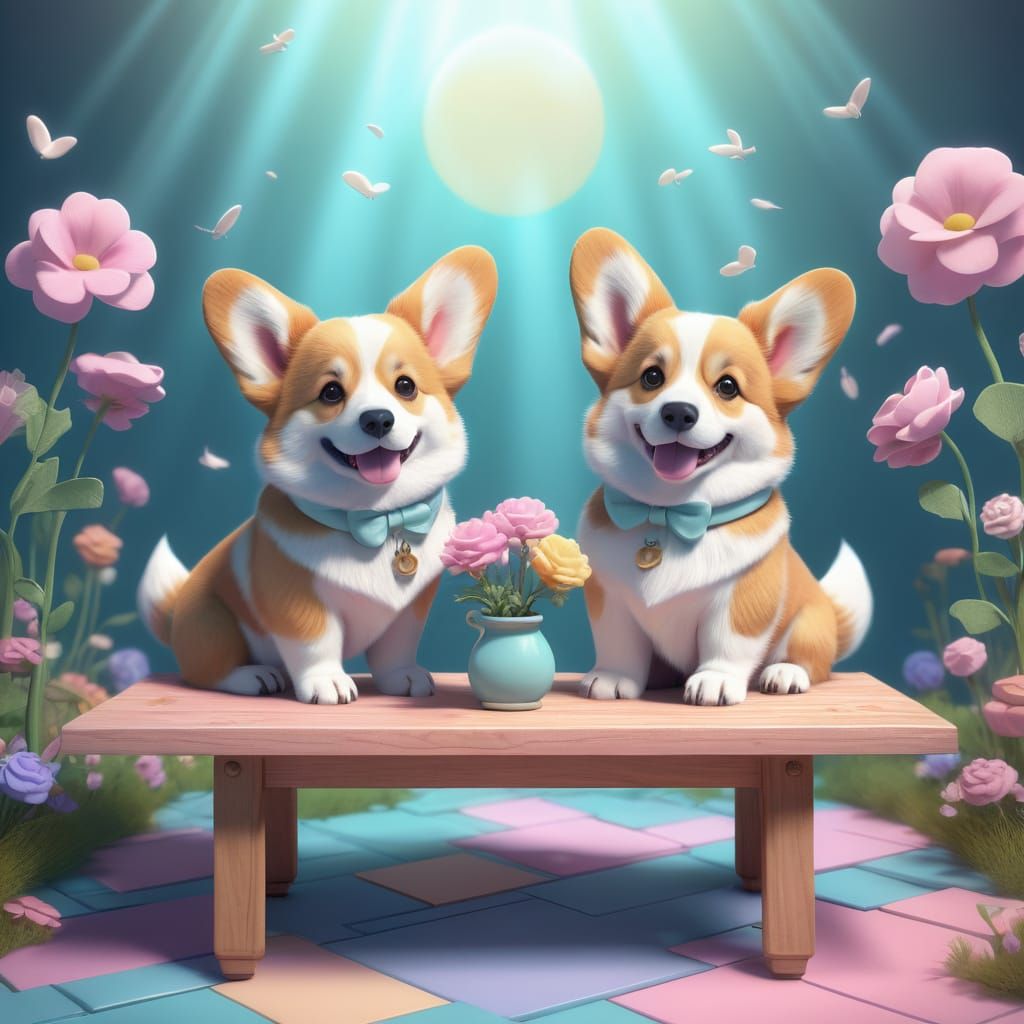 Whimsical Corgi Puppies Holding Tables in Dreamy Wonderland