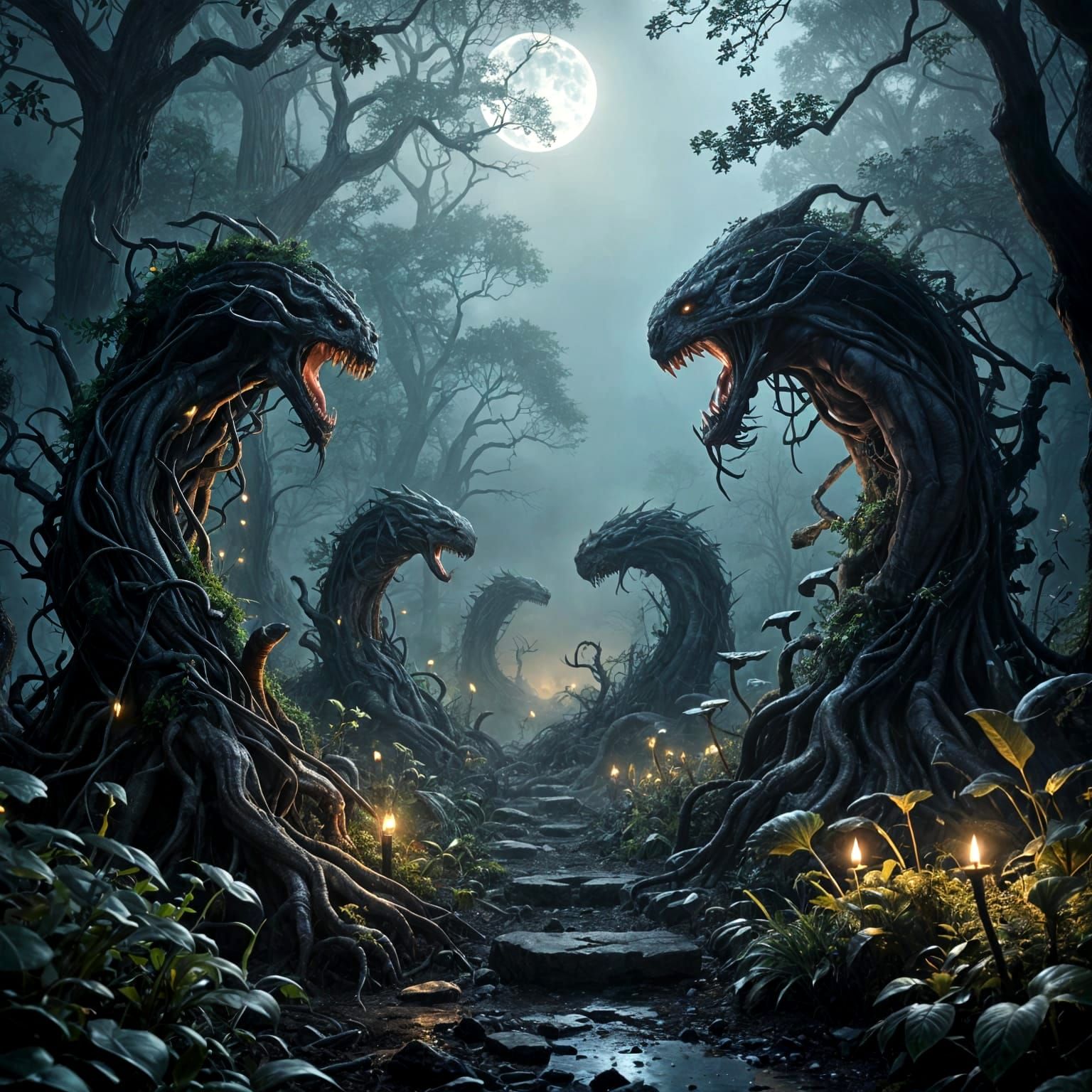 Eerie Path Through Dark Fantasy Garden