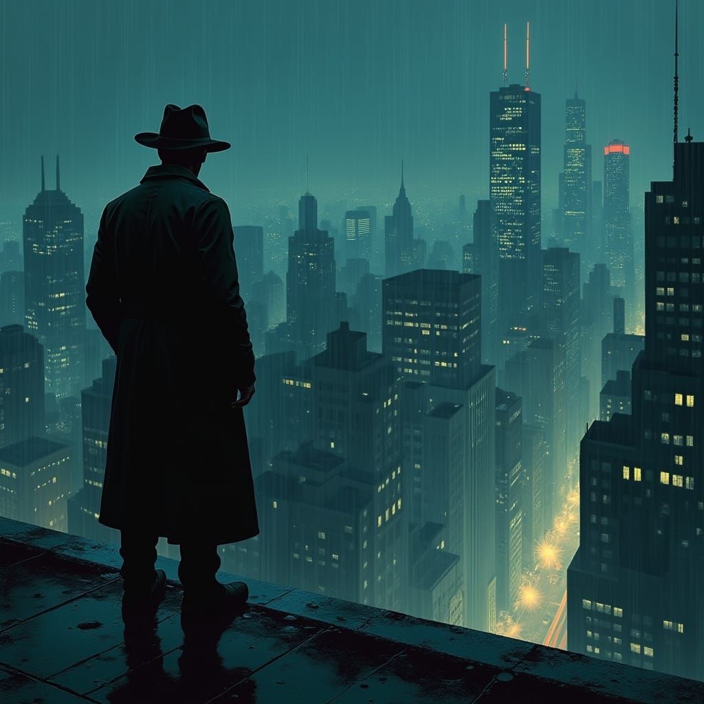 Rainy City Noir in Neon-Lit Style