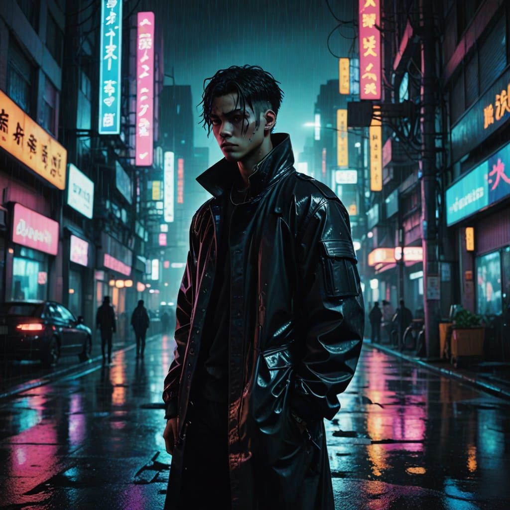 Cyberpunk Protagonist in a Rainy Cityscape