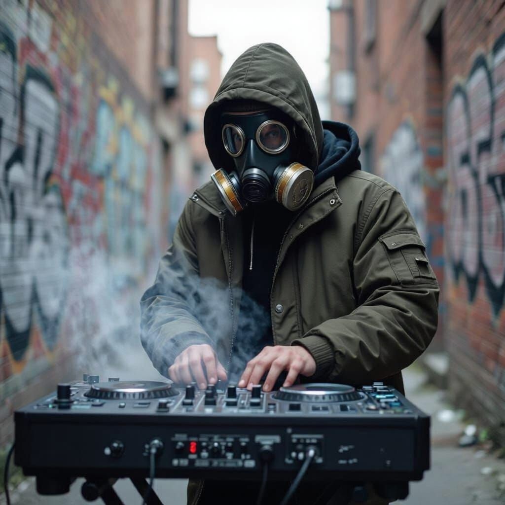 Man Makes Music in Grimy Alley Wearing Gas Mask