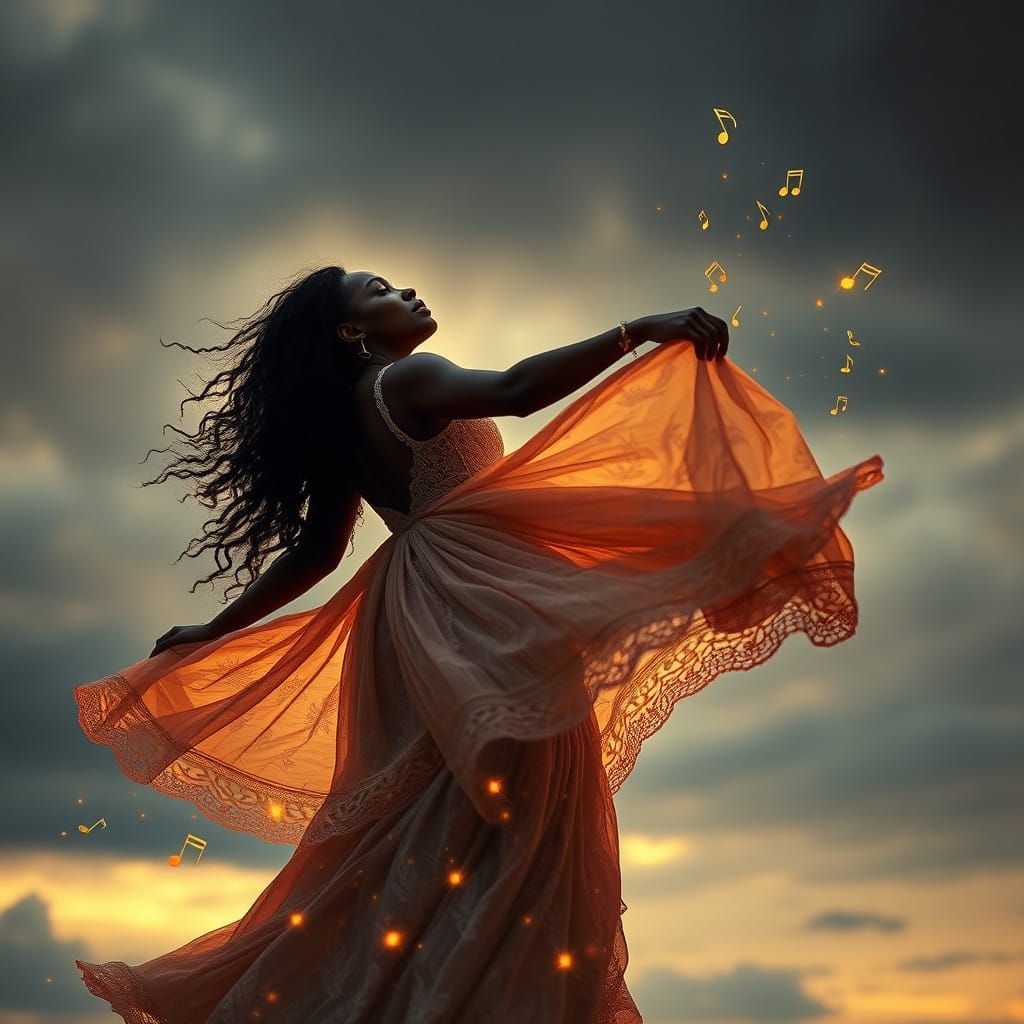 Ethereal Woman in Motion, amidst Glowing Stardust and Charco...