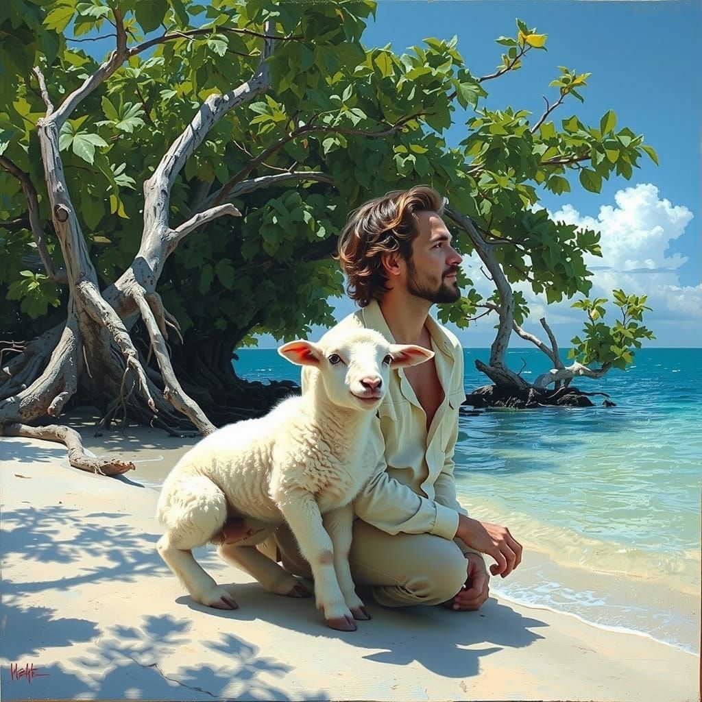 Man and Lamb on Tropical Beach in Golden Light