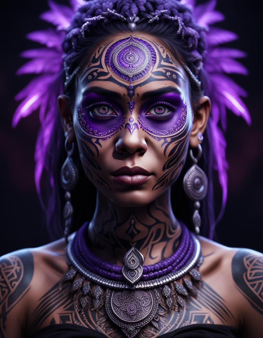 Glowing Purple Eyed Woman with Tribal Tattoos