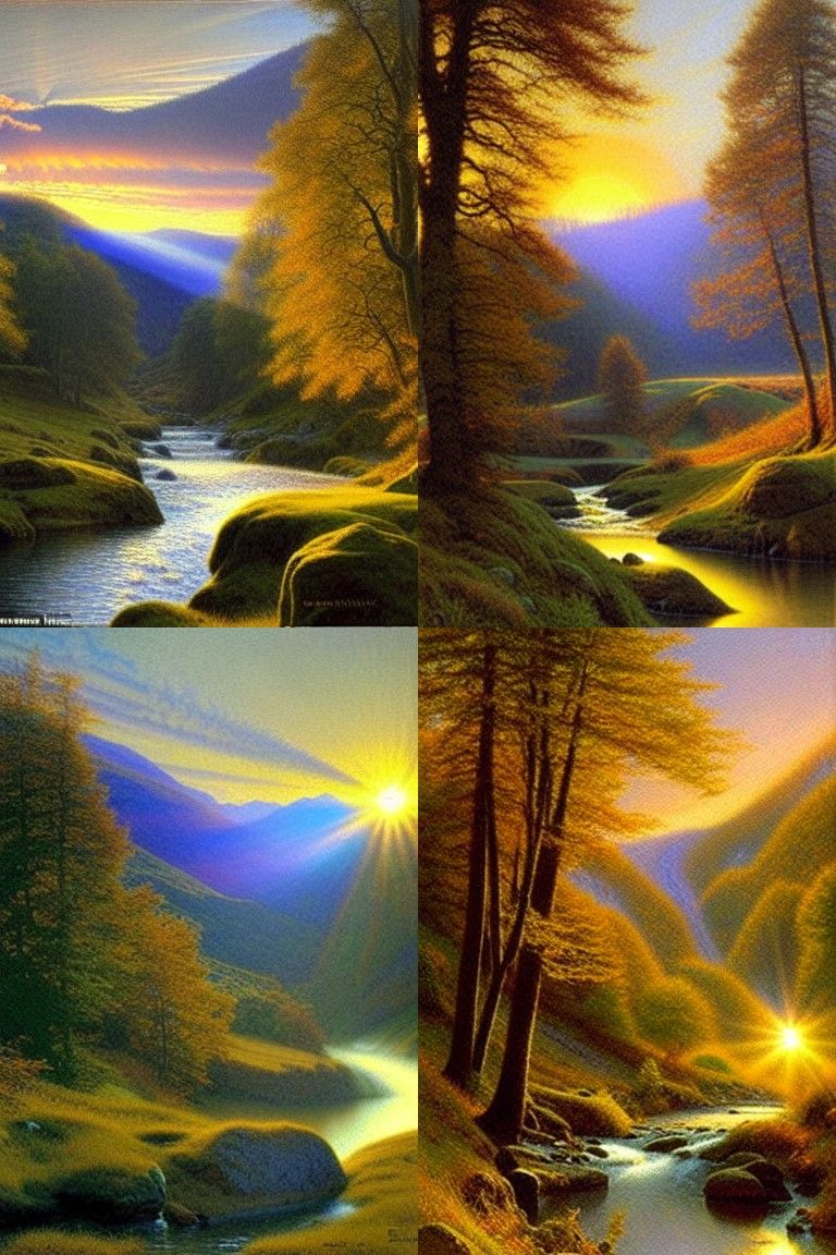 Sunrise Over Hills: A Pre-Raphaelite Painting