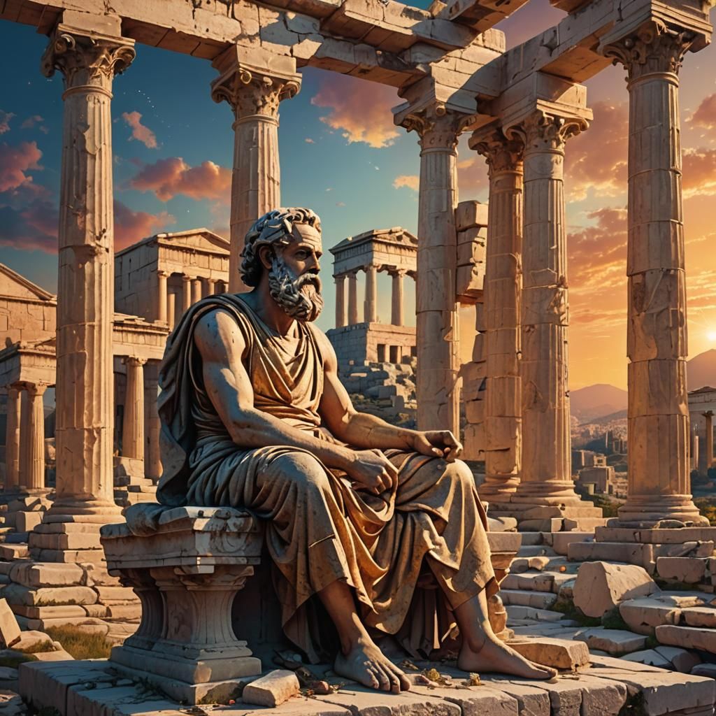 Socrates in Surreal Ancient Cityscape: Hyper-Realistic Art