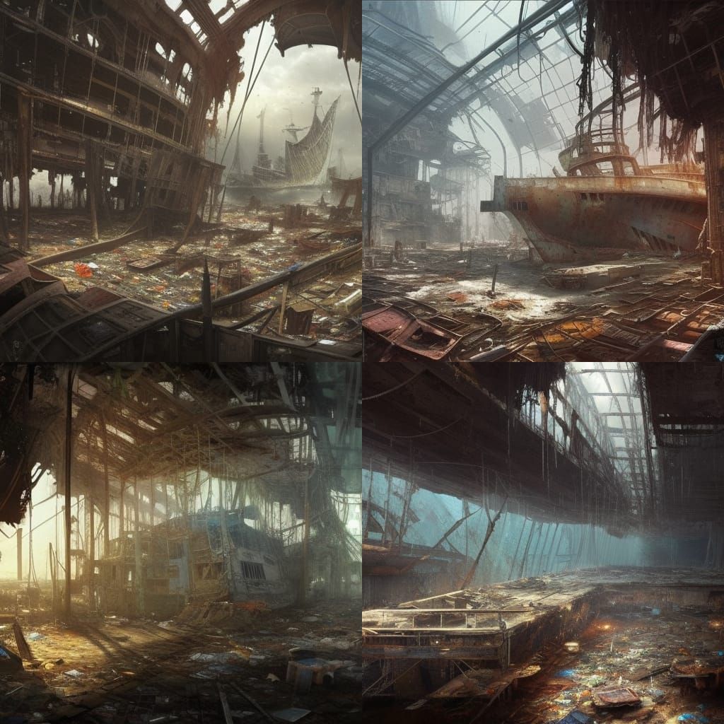 Village Inside Vast Oceanliner Wreck: Dark Fantasy Concept A...