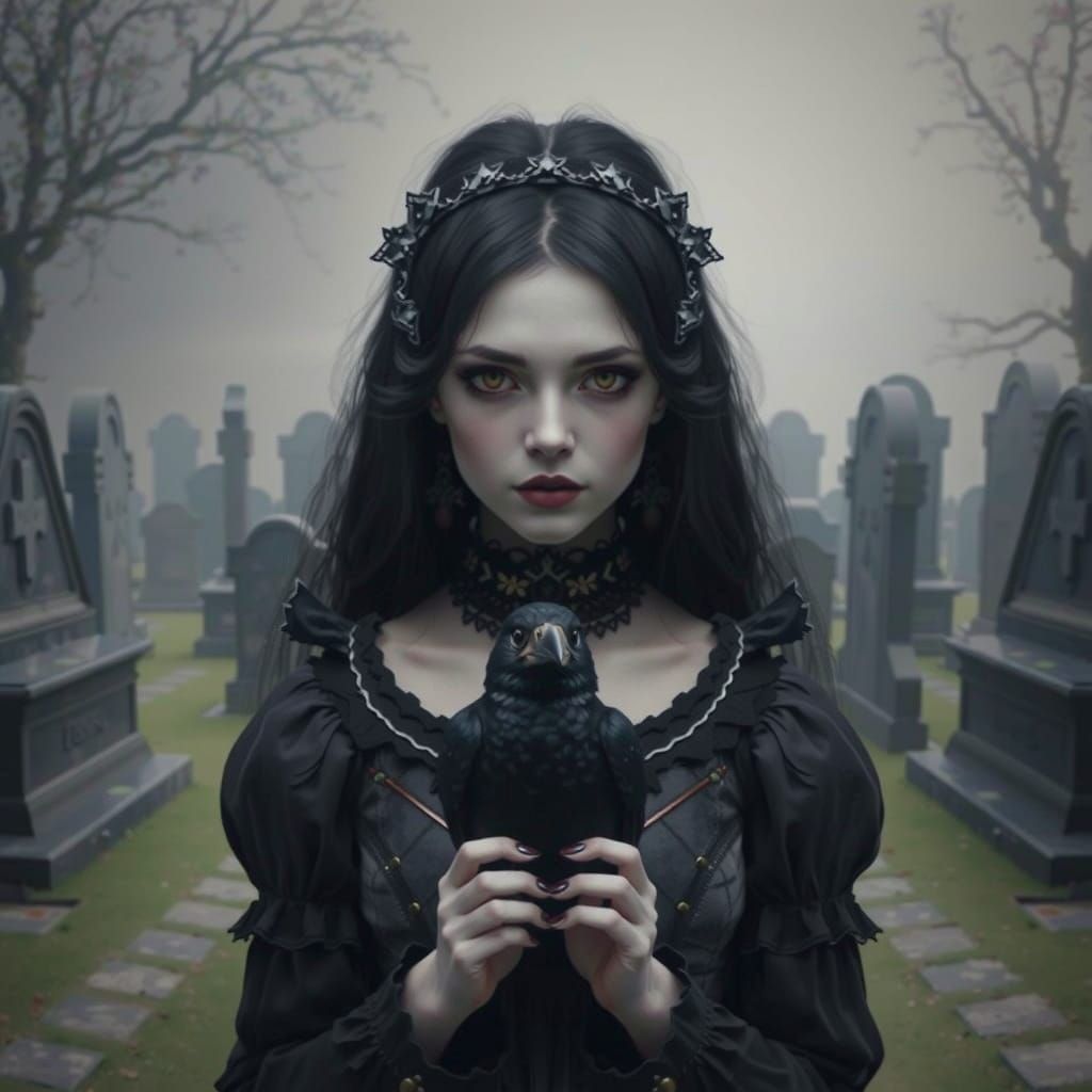 Gothic Girl with Crow in Cemetery Photo