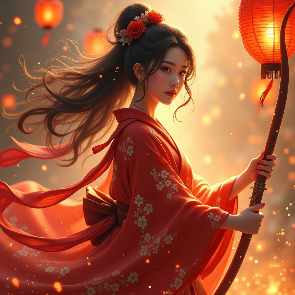 Magical Girl Portrait with Kimono in Fiery Colors