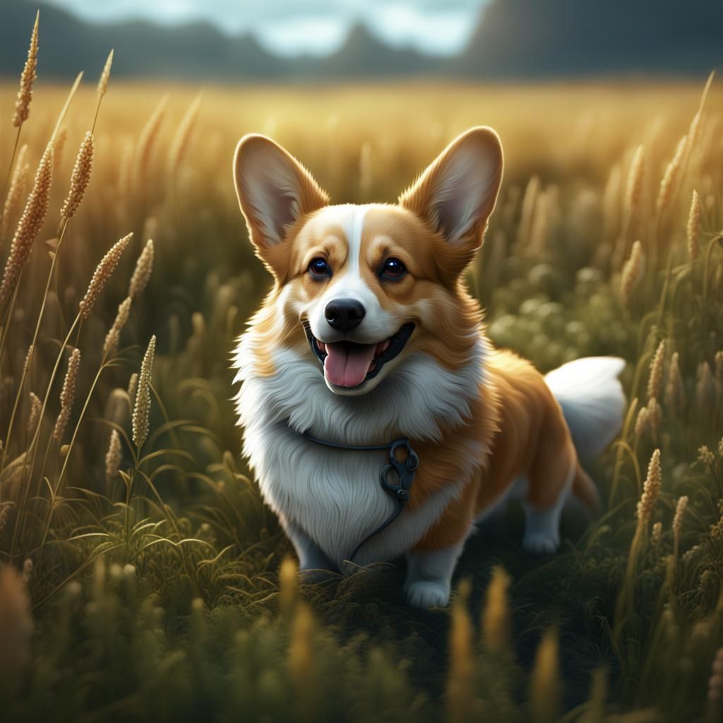 Corgi in Field: Detailed Matte Painting