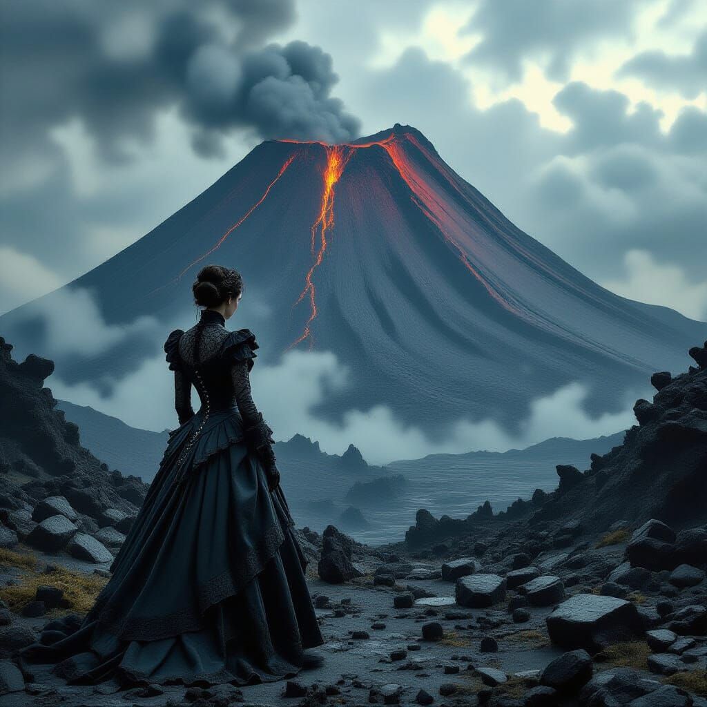 Victorian Woman and Dormant Volcano in Gothic Noir