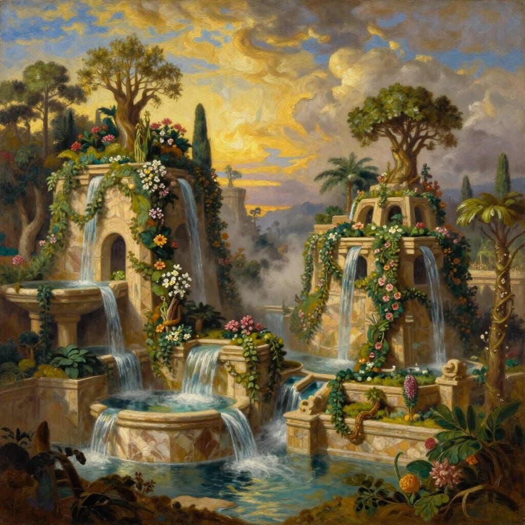 Majestic Floating Gardens of Babylon in Oil Paint Style