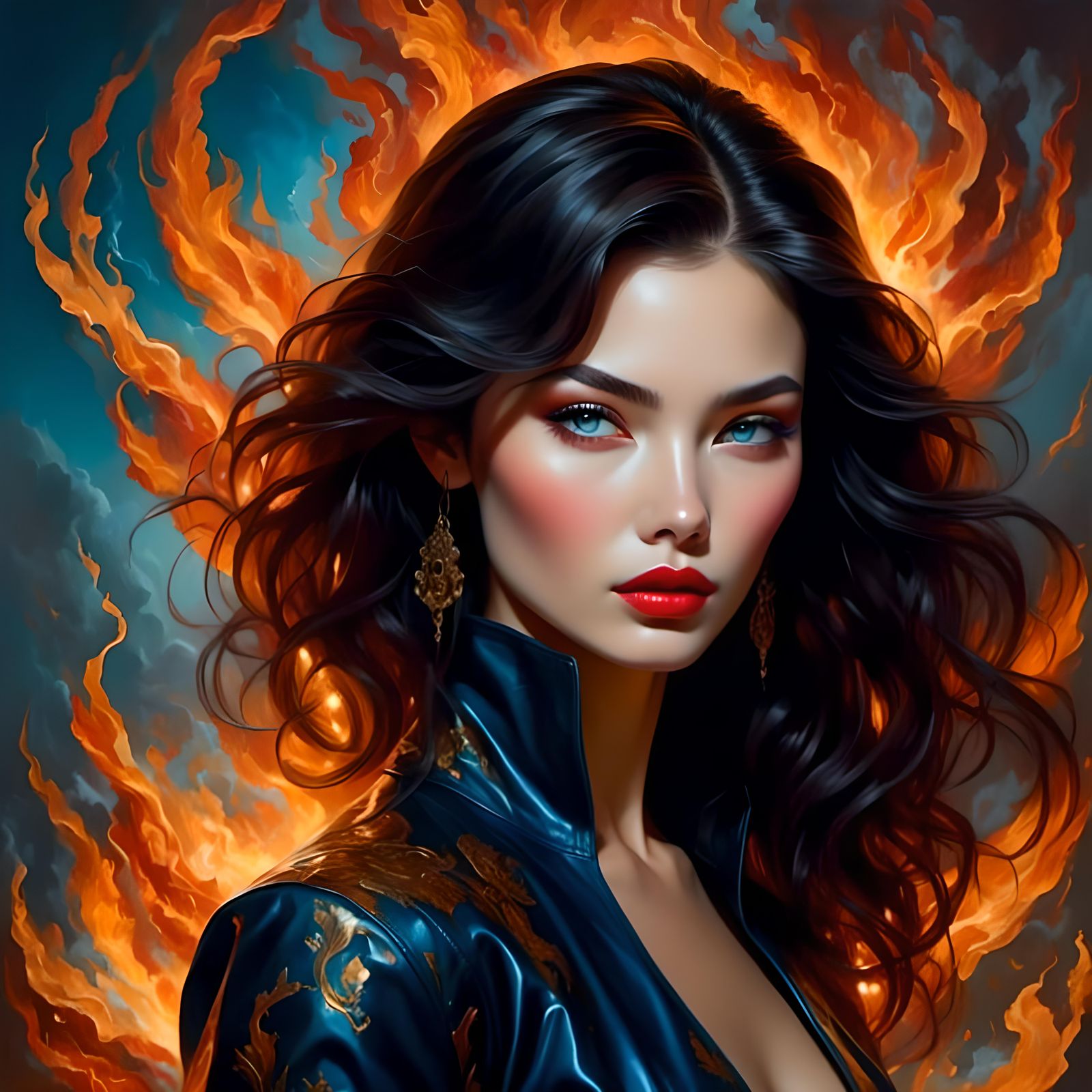 Oriental Woman in Flames: Gothic Fantasy Illustration