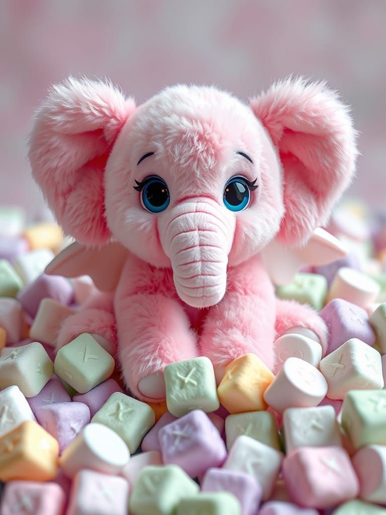 Whimsical Pink Elephant Plushie in a Marshmallow Wonderland