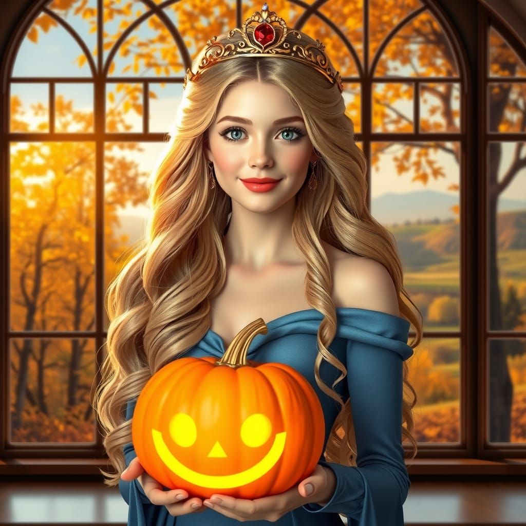 Disney's Aurora with Halloween Pumpkin in Autumn Landscape